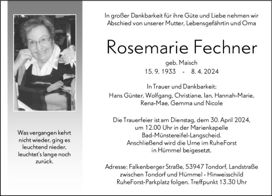 Traueranzeige von Rosemarie Fechner von Wetzlarer Neue Zeitung
