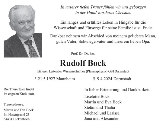 Traueranzeige von Rudolf Bock von Darmstädter Echo