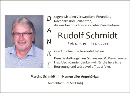 Traueranzeige von Rudolf Schmidt von Odenwälder Echo