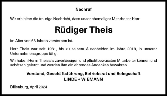 Traueranzeige von Rüdiger Theis von Dill Block