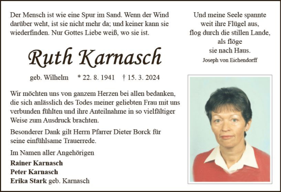 Traueranzeige von Ruth Karnasch von Odenwälder Echo