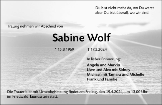 Traueranzeige von Sabine Wolf von Groß-Gerauer Echo