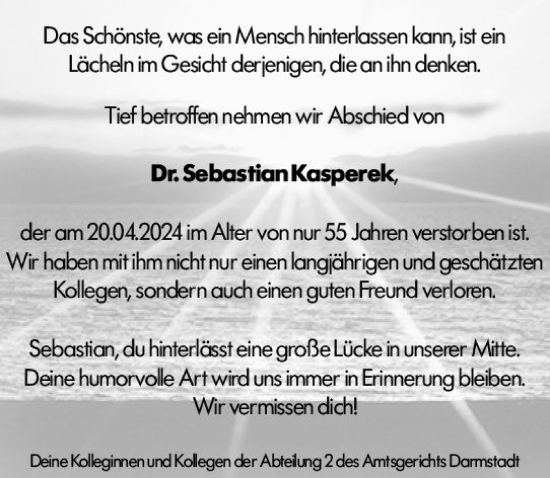 Traueranzeige von Sebastian Kasperek von Darmstädter Echo