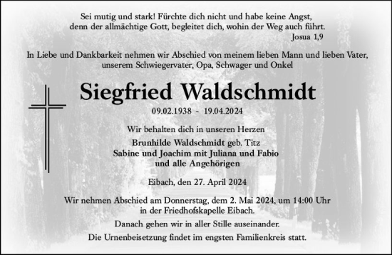 Traueranzeige von Siegfried Waldschmidt von Dill Block