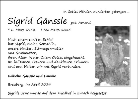 Traueranzeige von Sigrid Gänssle von Odenwälder Echo