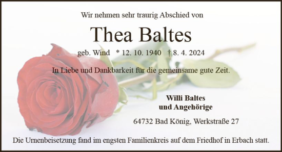 Traueranzeige von Thea Baltes von Odenwälder Echo