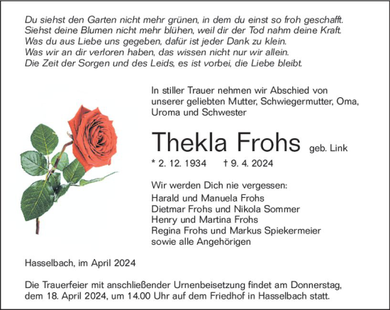 Traueranzeige von Thekla Frohs von Weilburger Tageblatt