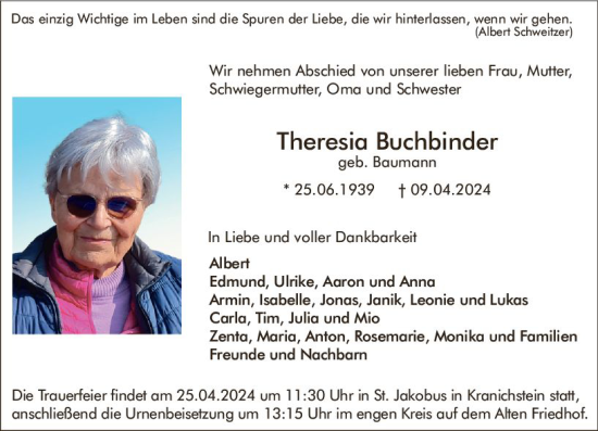 Traueranzeige von Theresia Buchbinder von Darmstädter Echo