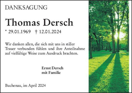 Traueranzeige von Thomas Dersch von Hinterländer Anzeiger