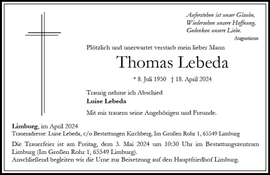 Traueranzeige von Thomas Lebeda von Nassauische Neue Presse