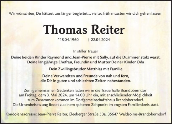 Traueranzeige von Thomas Reiter von Wetzlarer Neue Zeitung