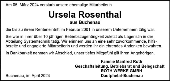 Traueranzeige von Ursela Rosenthal von Hinterländer Anzeiger