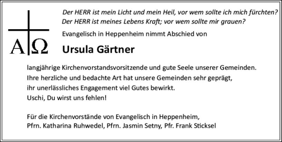Traueranzeige von Ursula Gärtner von Starkenburger Echo