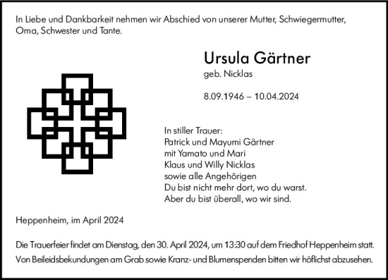 Traueranzeige von Ursula Gärtner von Starkenburger Echo