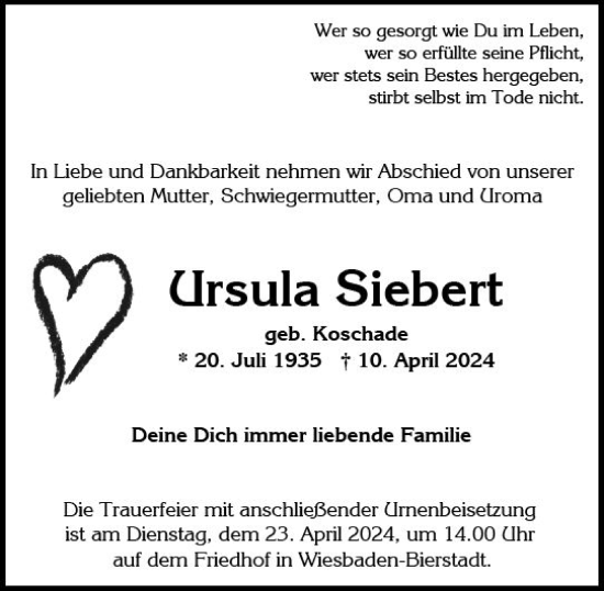 Traueranzeige von Ursula Siebert von Wiesbadener Kurier