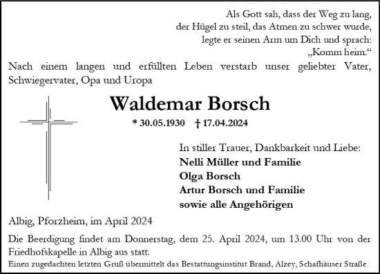 Traueranzeige von Waldemar Borsch von Allgemeine Zeitung Alzey