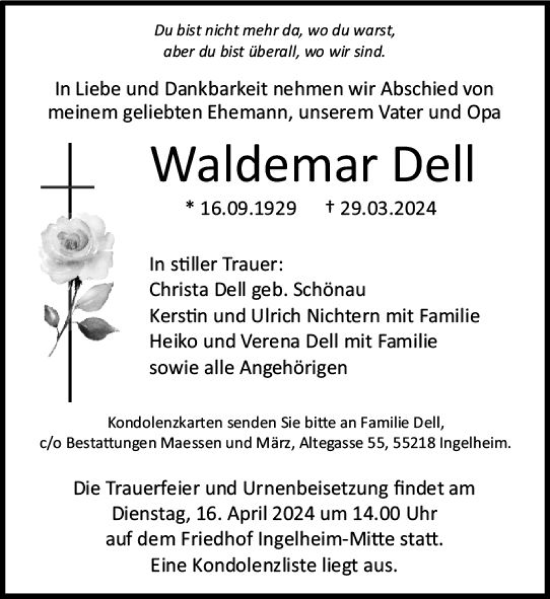 Traueranzeige von Waldemar Dell von Allgemeine Zeitung Bingen/Ingelheim