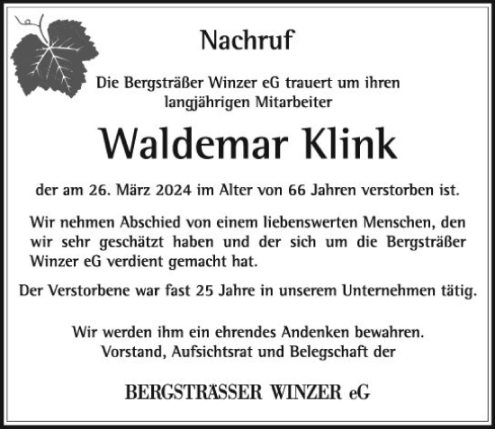 Traueranzeige von Waldemar Klink von Starkenburger Echo