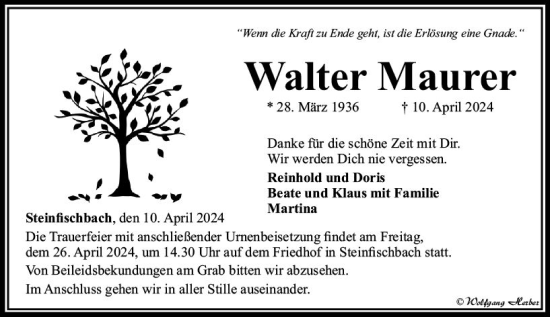 Traueranzeige von Walter Maurer von Camberger Anzeiger