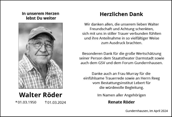 Traueranzeige von Walter Röder von Darmstädter Echo