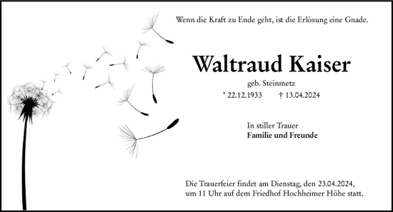 Traueranzeige von Waltraud Kaiser von Wormser Zeitung