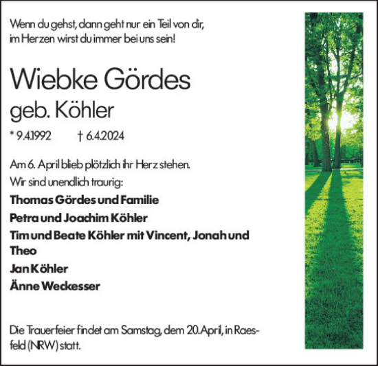 Traueranzeige von Wiebke Gördes von Odenwälder Echo