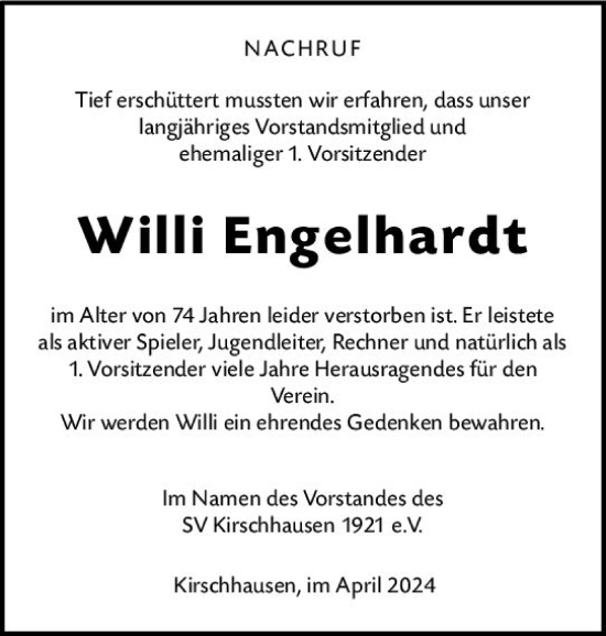 Traueranzeige von Willi Engelhardt von Starkenburger Echo