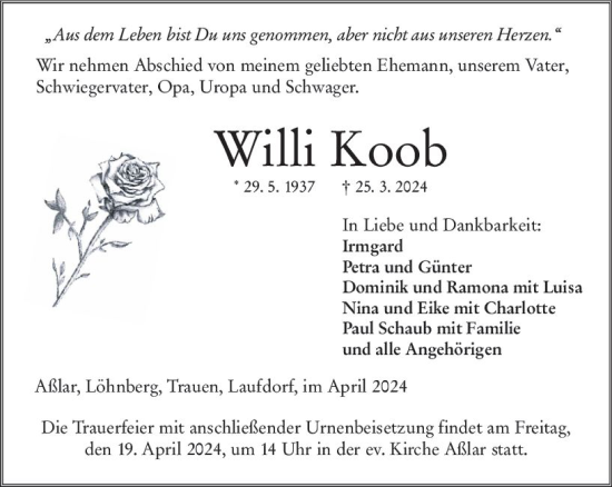 Traueranzeige von Willi Koob von Wetzlarer Neue Zeitung