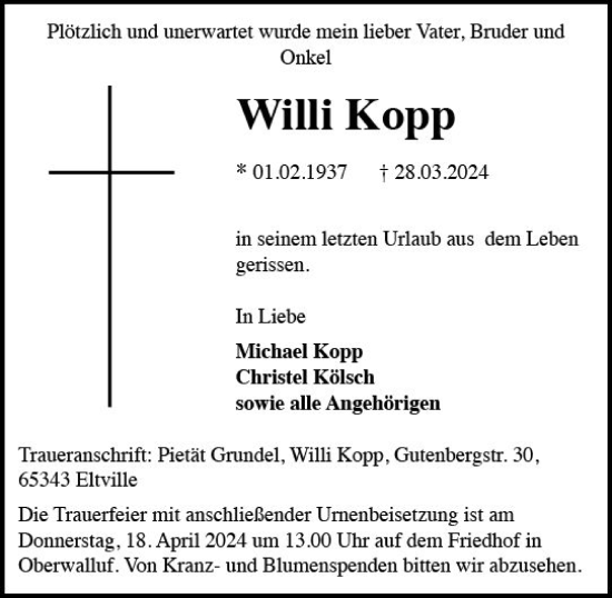Traueranzeige von Willi Kopp von Rheingau Kurier
