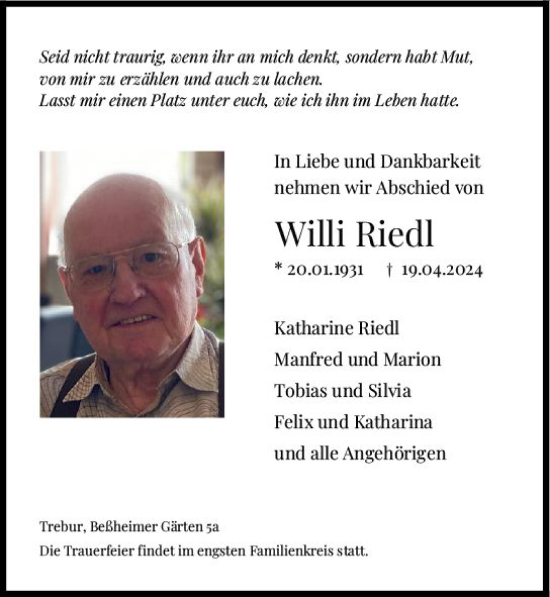 Traueranzeige von Willi Riedl von Rüsselsheimer Echo