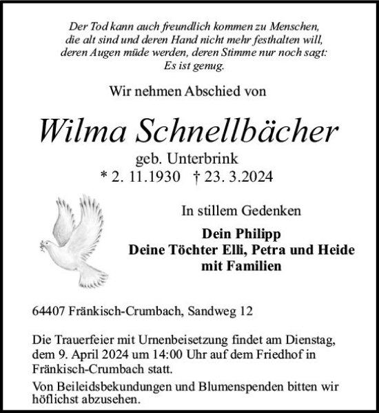 Traueranzeige von Wilma Schnellbächer von Odenwälder Echo