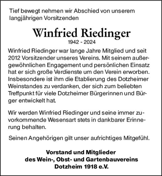 Traueranzeige von Winfried Riedinger von Wiesbadener Kurier