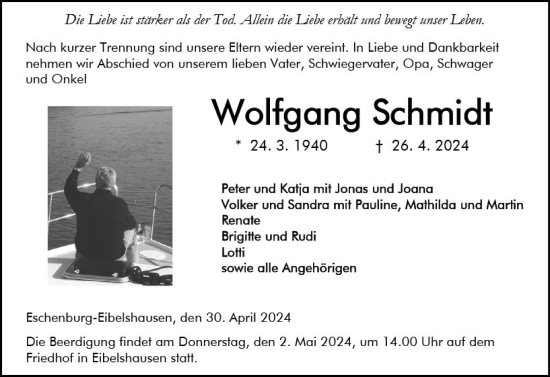 Traueranzeige von Wolfgang Schmidt von Dill Block