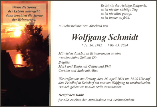 Traueranzeige von Wolfgang Schmidt von Dill Block
