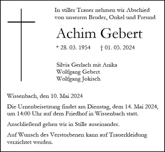 Traueranzeige von Achim Gebert von Dill Block