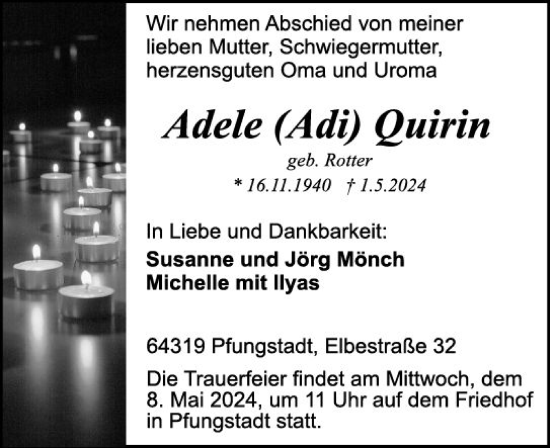 Traueranzeige von Adele Quirin von Darmstädter Echo