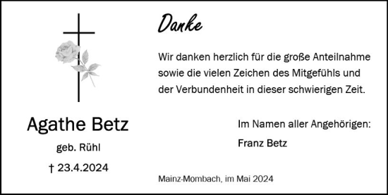 Traueranzeige von Agathe Betz von Allgemeine Zeitung Mainz