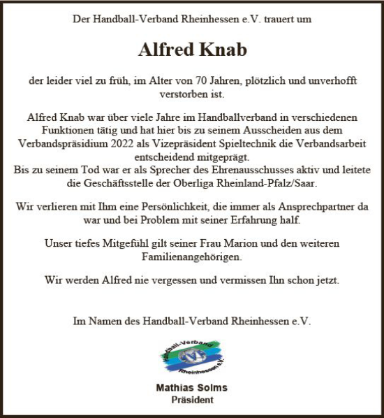 Traueranzeige von Alfred Knab von Allgemeine Zeitung Mainz
