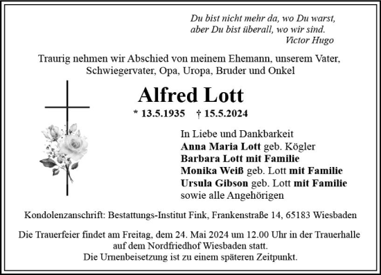Traueranzeige von Alfred Lott von Wiesbadener Kurier