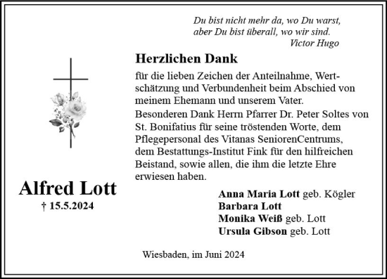 Traueranzeige von Alfred Lott von Wiesbadener Kurier