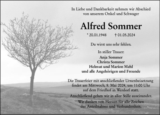 Traueranzeige von Alfred Sommer von Wetzlarer Neue Zeitung