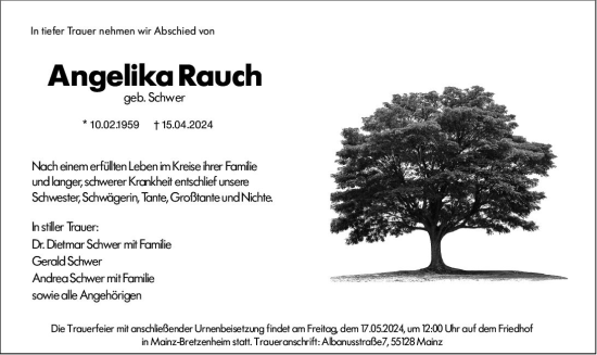 Traueranzeige von Angelika Rauch von Allgemeine Zeitung Mainz