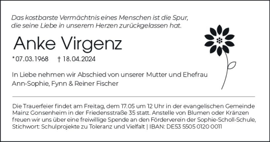 Traueranzeige von Anke Virgenz von Allgemeine Zeitung Mainz