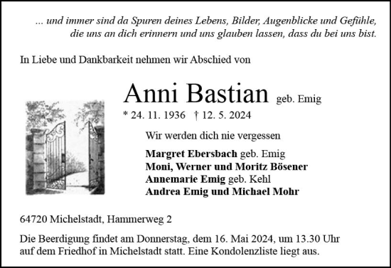Traueranzeige von Anni Bastian von Odenwälder Echo