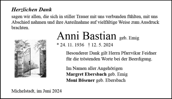 Traueranzeige von Anni Bastian von Odenwälder Echo