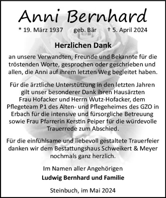 Traueranzeige von Anni Bernhard von Odenwälder Echo