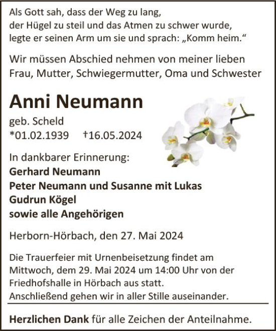 Traueranzeige von Anni Neumann von Dill Block