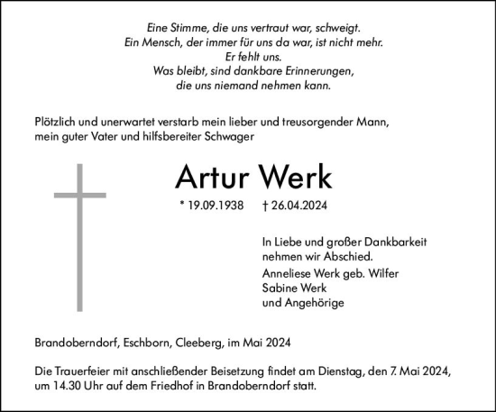 Traueranzeige von Artur Werk von Wetzlarer Neue Zeitung