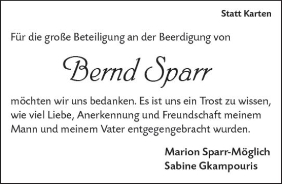 Traueranzeige von Bernd Sparr von Wetzlarer Neue Zeitung
