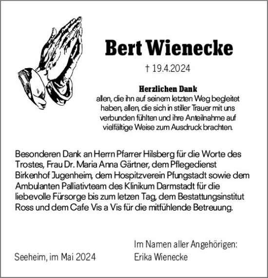 Traueranzeige von Bert Wienecke von Darmstädter Echo